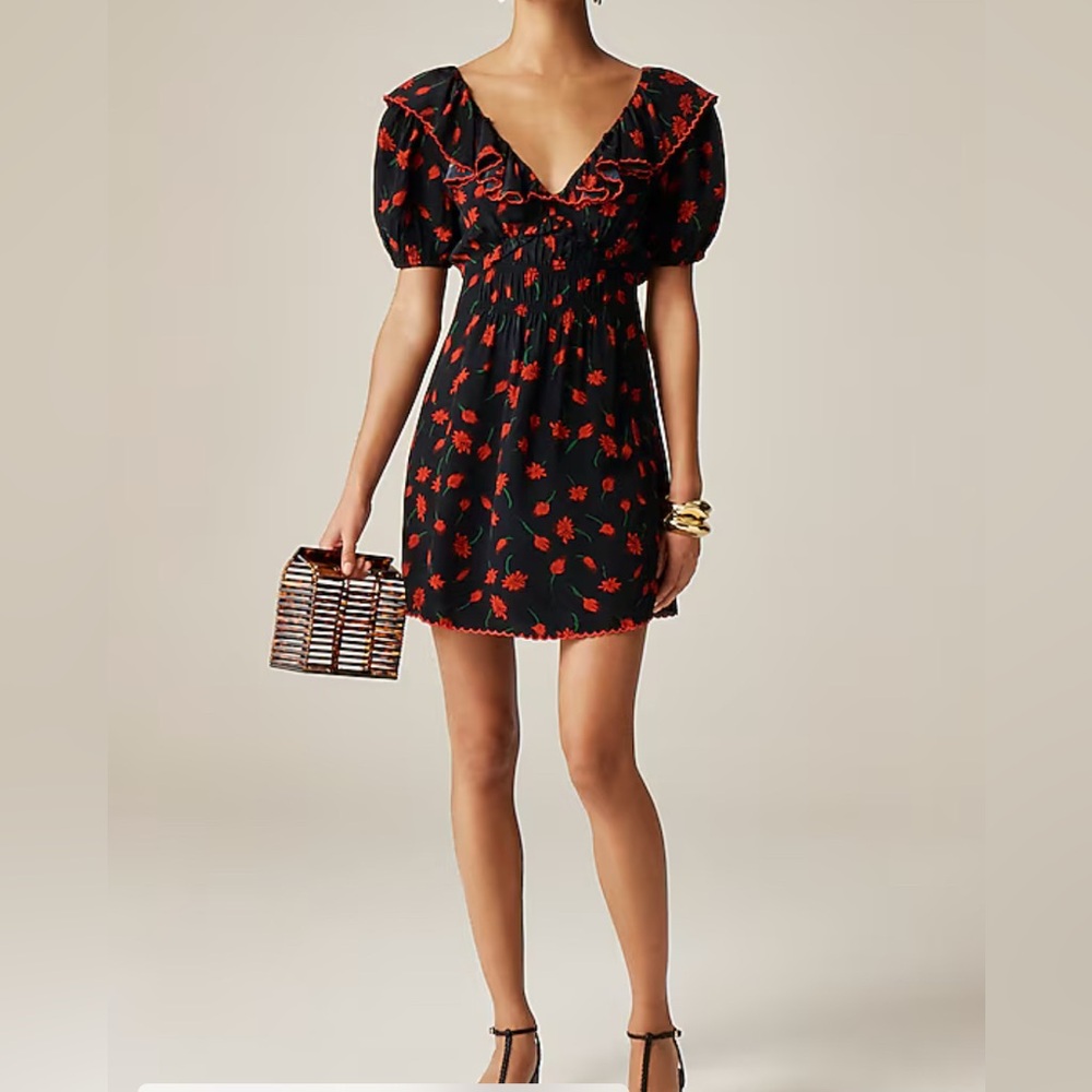 Crew Ruffle-Collar Mini Daisy Painted Print Dress – Red, Blue & Green Sz. 8 $198